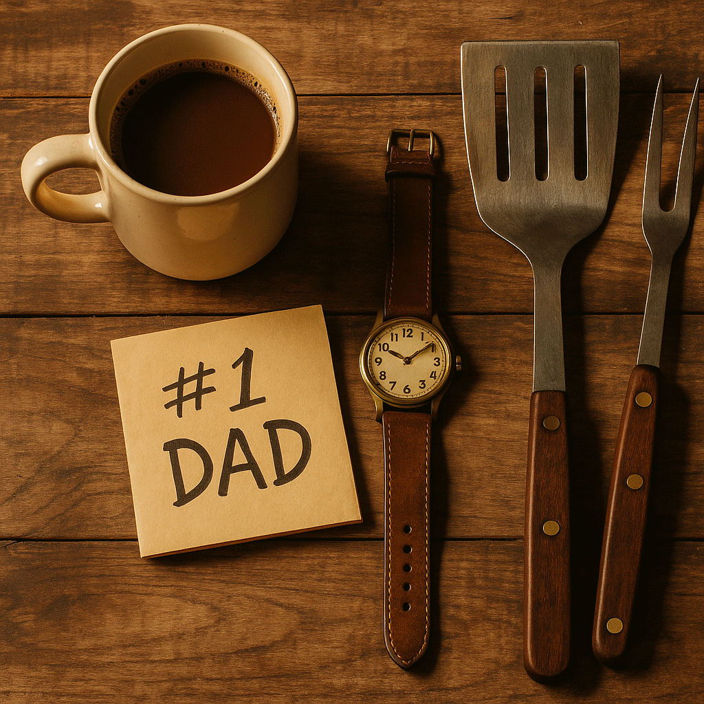 A flat-lay image of small, budget-friendly Father’s Day gifts—grilling gear, beard oil, socks, coffee mug—arranged neatly on a rustic wood background. Price tags visible ($25 and under)