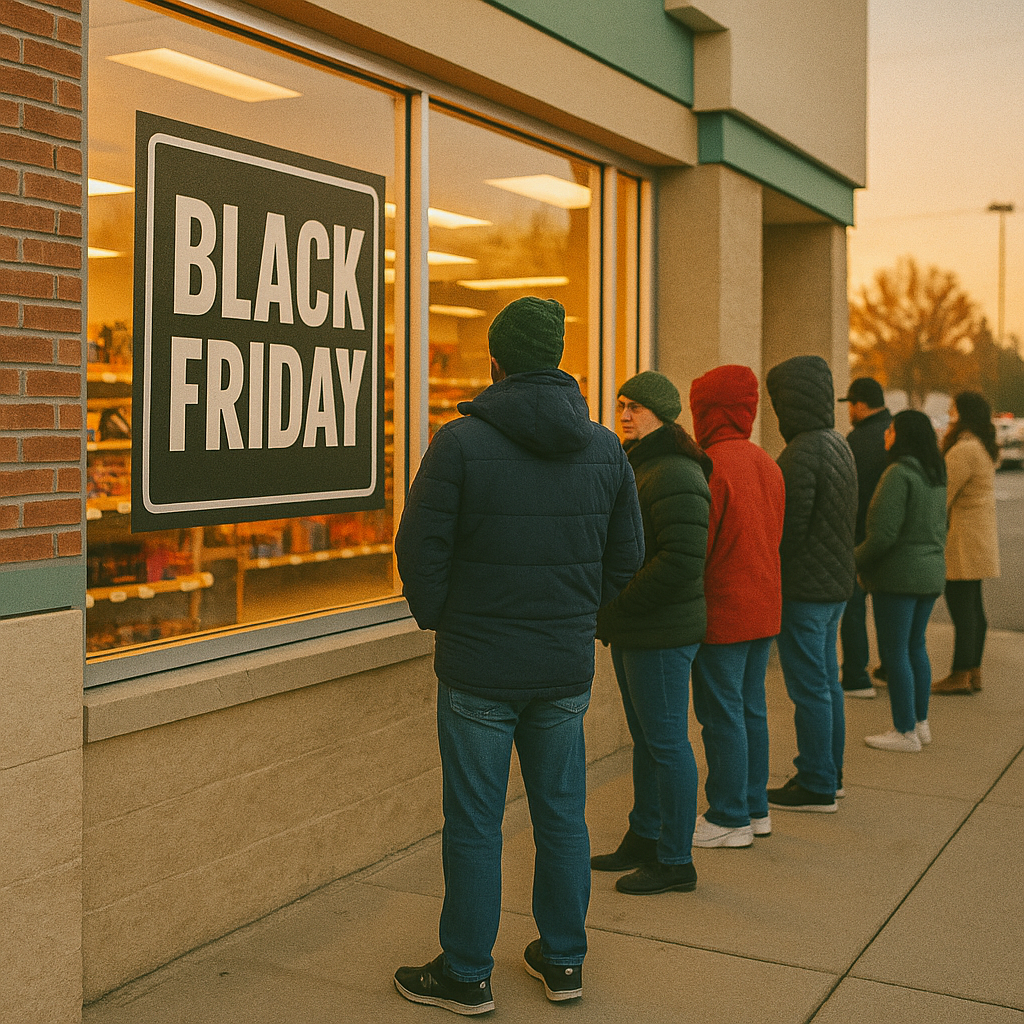 Early morning shoppers bundled up in jackets, lined up outside a local store with Black Friday signage in the window. Early morning shoppers bundled up in jackets, lined up outside a local store with Black Friday signage in the window.